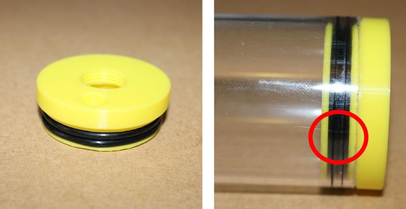 Image showing the O-rings fitted and the seal formed when the cap is fitted to the cylinder