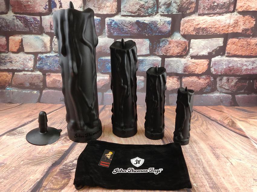 Image showing all four sizes of the Cleopatra's dildos from John Thomas Toys together with the Vac-u-lock suction cup adaptor and the small storage bag