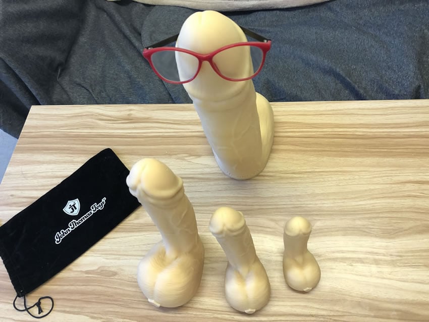 Funny image of all four sizes of the Pervy patrick dildo