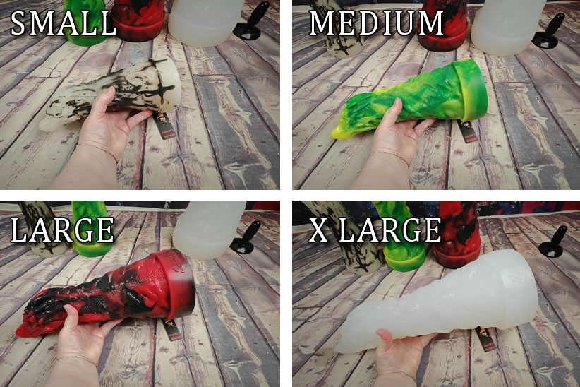 Image montrant les quatre tailles et options de couleur pour le dragon de John